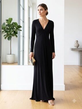 Vintage 90s Mondi Black V-Neck Long Sleeve Minimalist Maxi Dress - US 6 (38)
